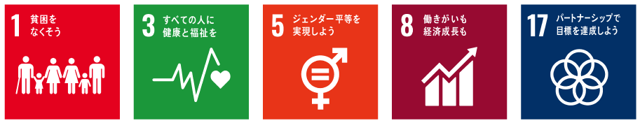 SDGsアイコン1、3、5、8、17